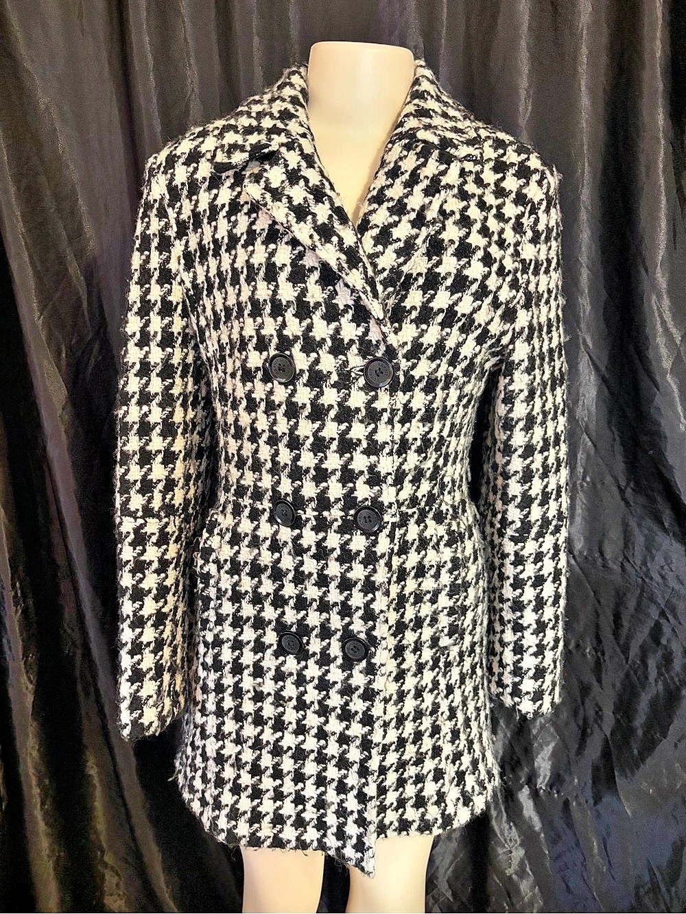 ESPRIT Houndstooth Pea Coat in Black & White Size Medium